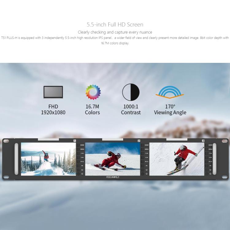 FEELWORLD T51 PLUS-H Triple 5.5 inch 2RU Rackmount Monitor Full HD 4K HDMI SDI AV Monitor (US Plug)