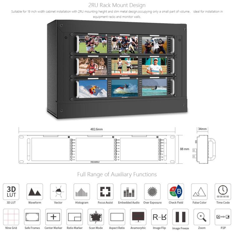 FEELWORLD T51 PLUS-H Triple 5.5 inch 2RU Rackmount Monitor Full HD 4K HDMI SDI AV Monitor (UK Plug)