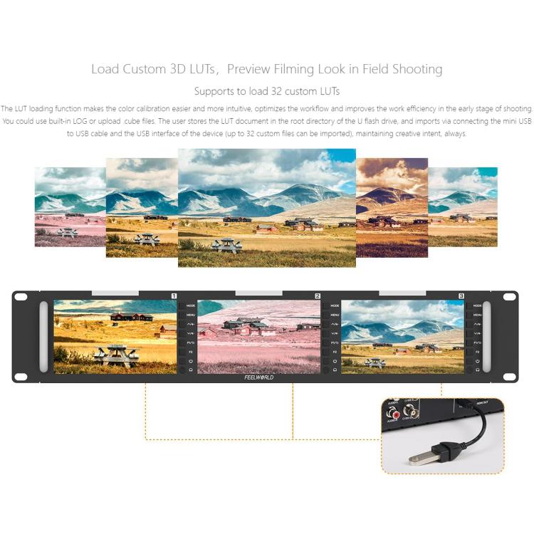 FEELWORLD T51 PLUS-H Triple 5.5 inch 2RU Rackmount Monitor Full HD 4K HDMI SDI AV Monitor (UK Plug)
