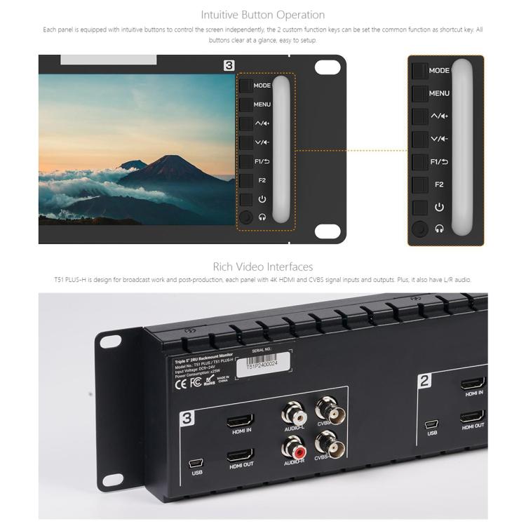 FEELWORLD T51 PLUS-H Triple 5.5 inch 2RU Rackmount Monitor Full HD 4K HDMI SDI AV Monitor (UK Plug)