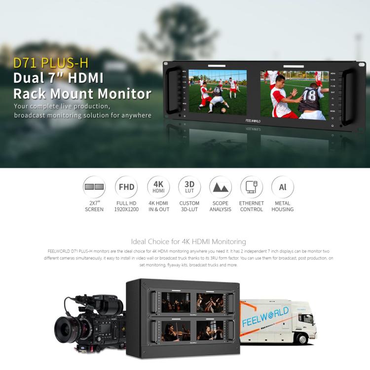 FEELWORLD D71 PLUS-H Dual 7 inch 3RU Rackmount Monitor 4K HDMI 1920 x 1200 IPS Monitor (US Plug)