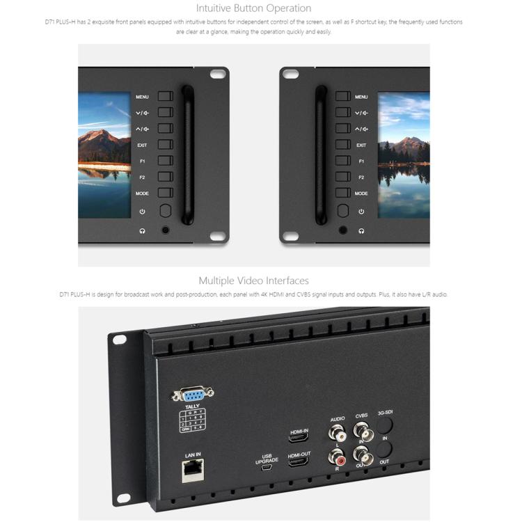 FEELWORLD D71 PLUS-H Dual 7 inch 3RU Rackmount Monitor 4K HDMI 1920 x 1200 IPS Monitor (UK Plug)
