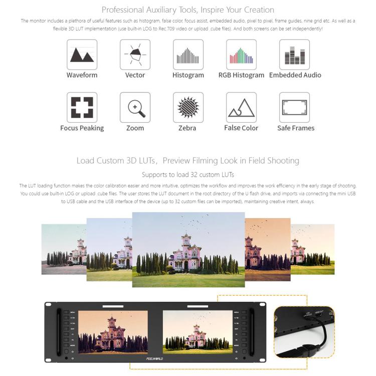 FEELWORLD D71 PLUS-H Dual 7 inch 3RU Rackmount Monitor 4K HDMI 1920 x 1200 IPS Monitor (UK Plug)
