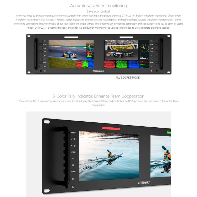 FEELWORLD D71 PLUS-H Dual 7 inch 3RU Rackmount Monitor 4K HDMI 1920 x 1200 IPS Monitor (UK Plug)