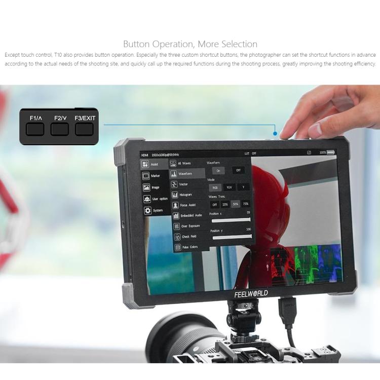 FEELWORLD T10 10.1 inch Aluminium DSLR Camera Field Monitor Touch Screen 4K HDMI Monitor (Black)