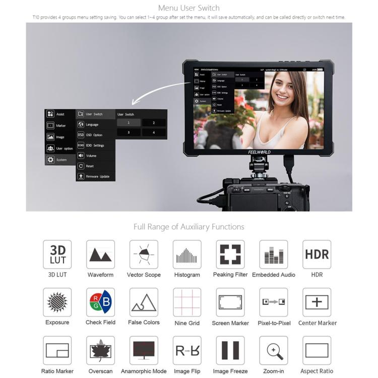 FEELWORLD T10 10.1 inch Aluminium DSLR Camera Field Monitor Touch Screen 4K HDMI Monitor (Black)