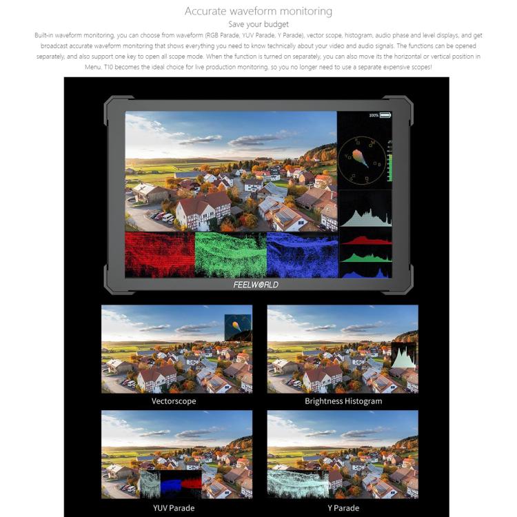 FEELWORLD T10 10.1 inch Aluminium DSLR Camera Field Monitor Touch Screen 4K HDMI Monitor (Black)