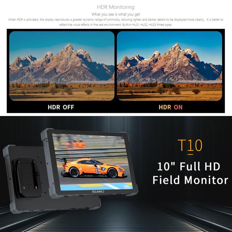 FEELWORLD T10 10.1 inch Aluminium DSLR Camera Field Monitor Touch Screen 4K HDMI Monitor (Black)