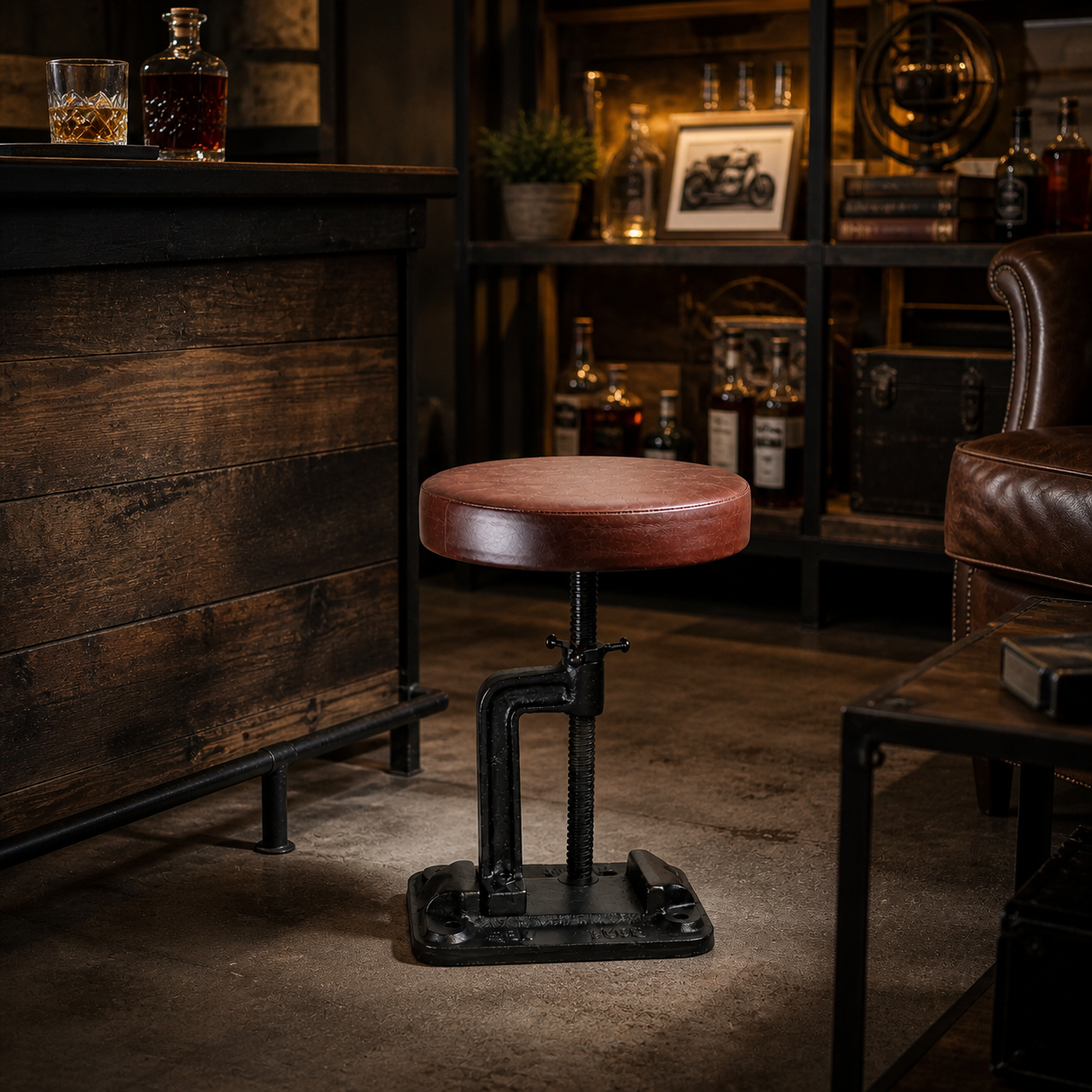 Vice Clamp Adjustable Stool | Cast Iron Industrial Seat | Leather Top