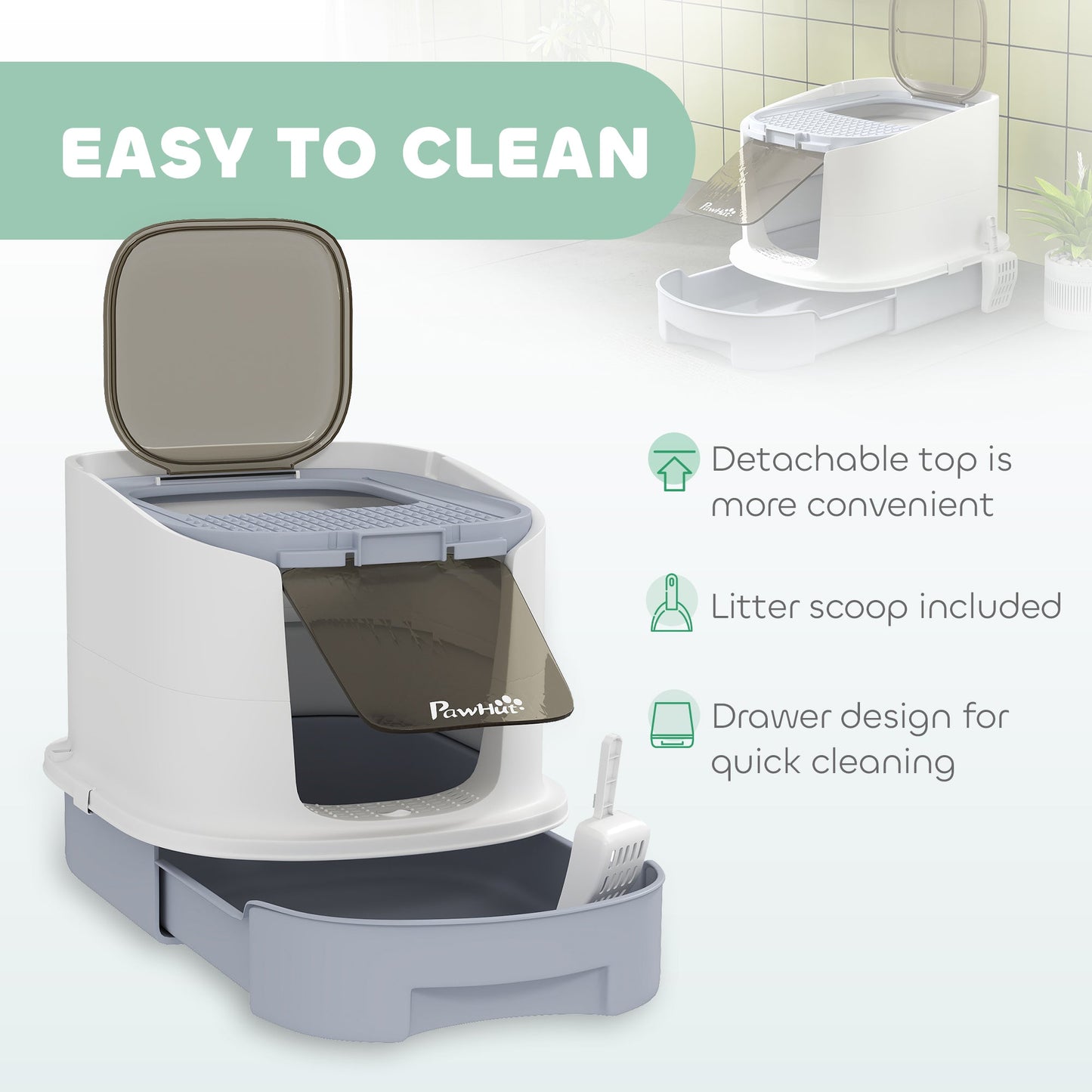 PawHut Cat Litter Box, Hooded Cat Litter Tray with Lid, Scoop, Grey