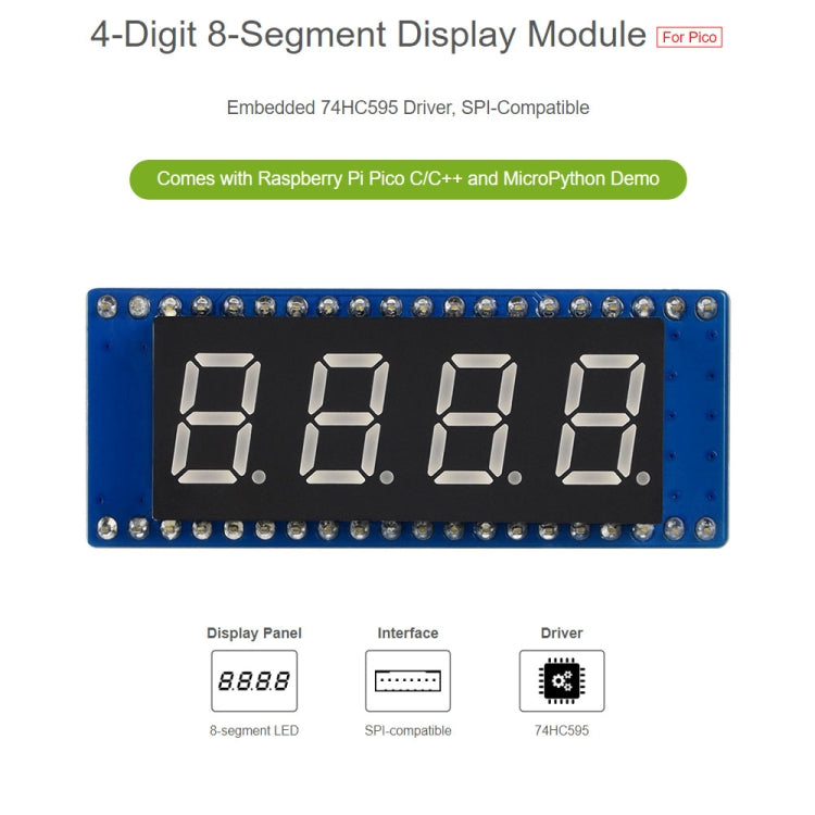 WAVESHARE 4-digit 8-segment Display Module for Raspberry Pi Pico, SPI-compatible, 19806