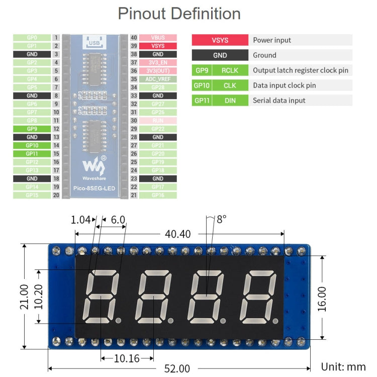 WAVESHARE 4-digit 8-segment Display Module for Raspberry Pi Pico, SPI-compatible, 19806
