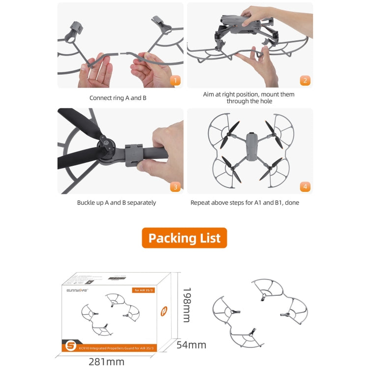 For DJI Air 3S / 3 Sunnylife Propellers Guard Protector Integrated Shielding Rings Quick Release Anti-Collision Props Safe Ring (Grey)