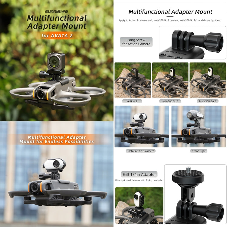 For DJI Avata 2 Sunnylife Action Camera Holder Mount Drone Light Bracket Lamp (Black)