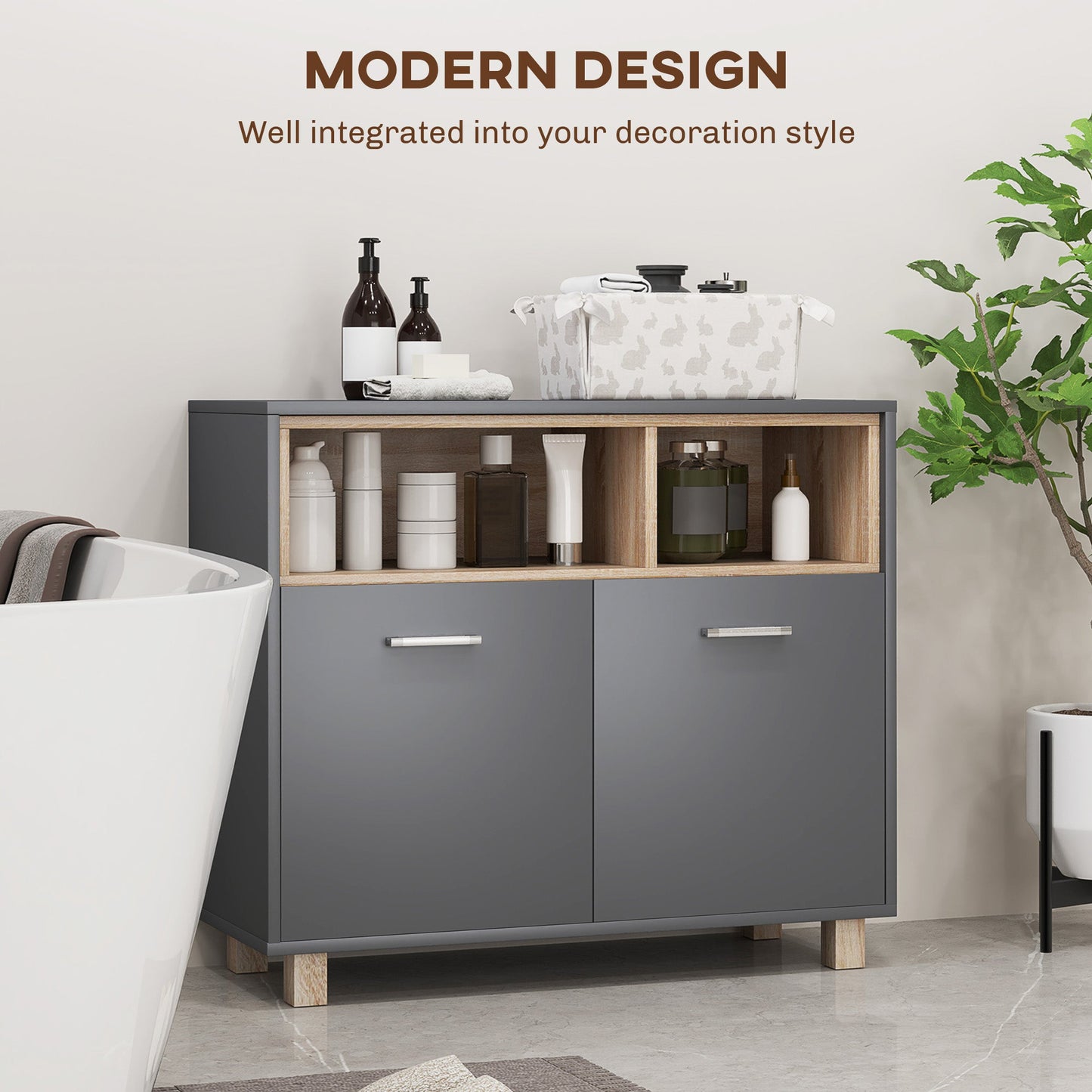 HOMCOM Bathroom Storage Cabinet with Open Compartments and Double Doors