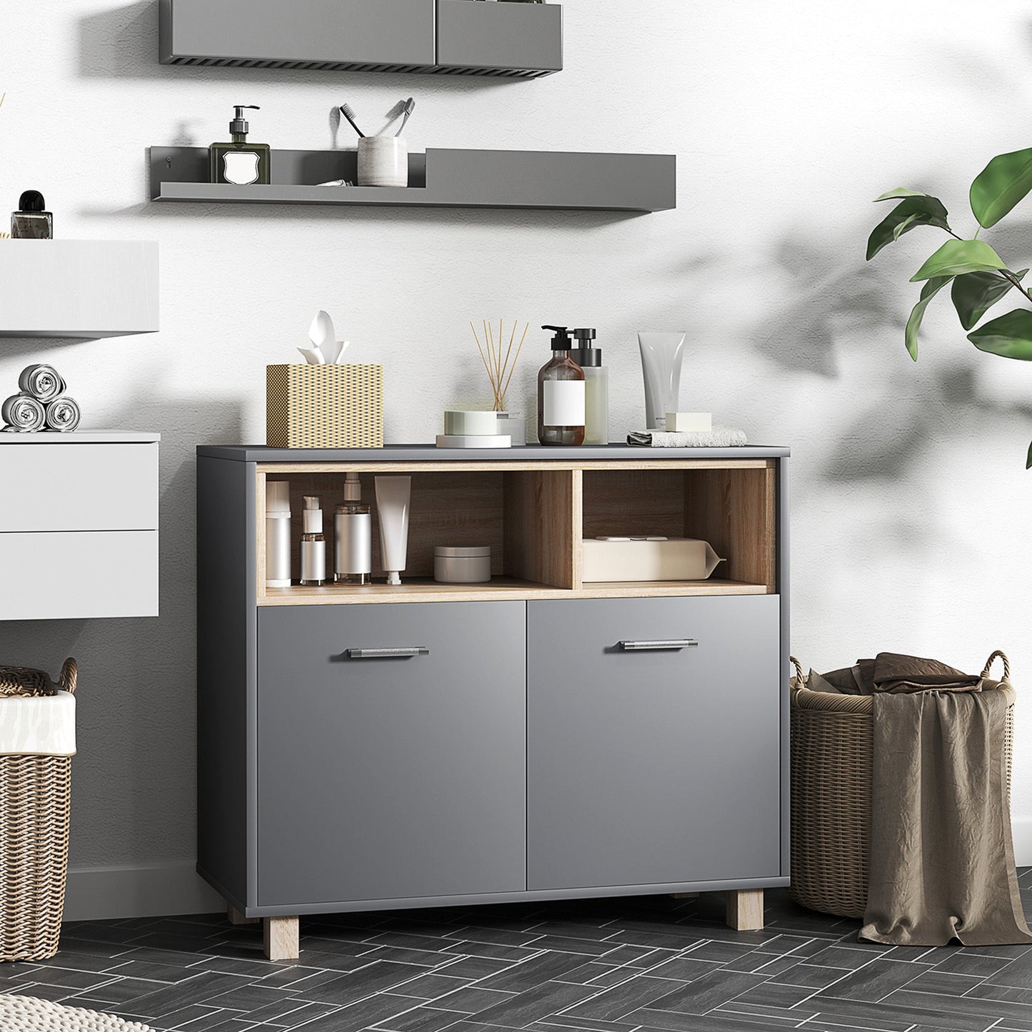 HOMCOM Bathroom Storage Cabinet with Open Compartments and Double Doors