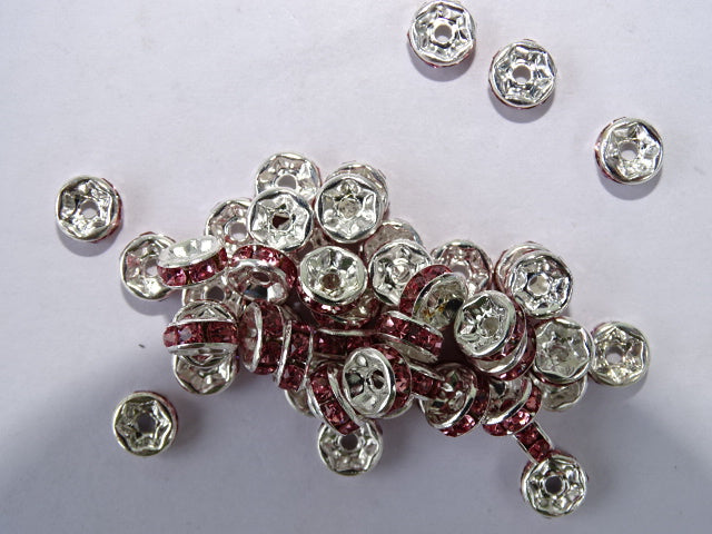 Silver Pink Rhinestone Spacers 6mm