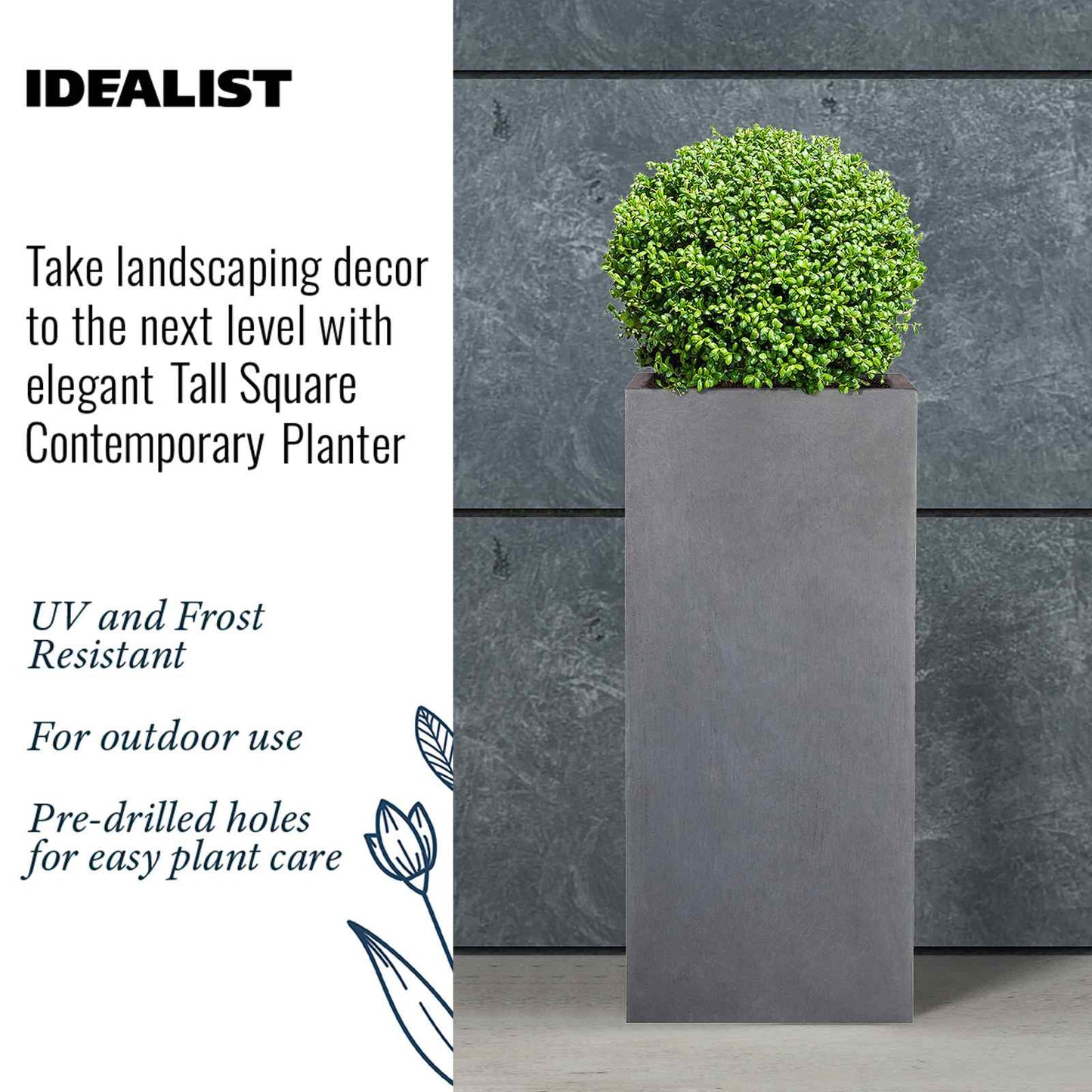 IDEALIST Lite Contemporary Light Concrete Garden Tall Square Planter, Outdoor Plant Pot H70 L33 W33 cm, 79L