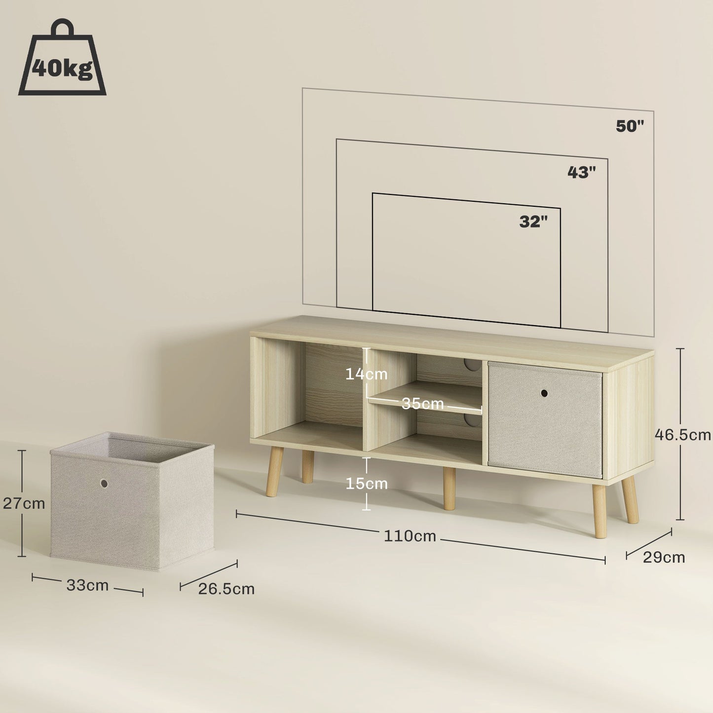 HOMCOM Modern TV Cabinet Stand w/ Shelves & Drawers, Bedroom Natural