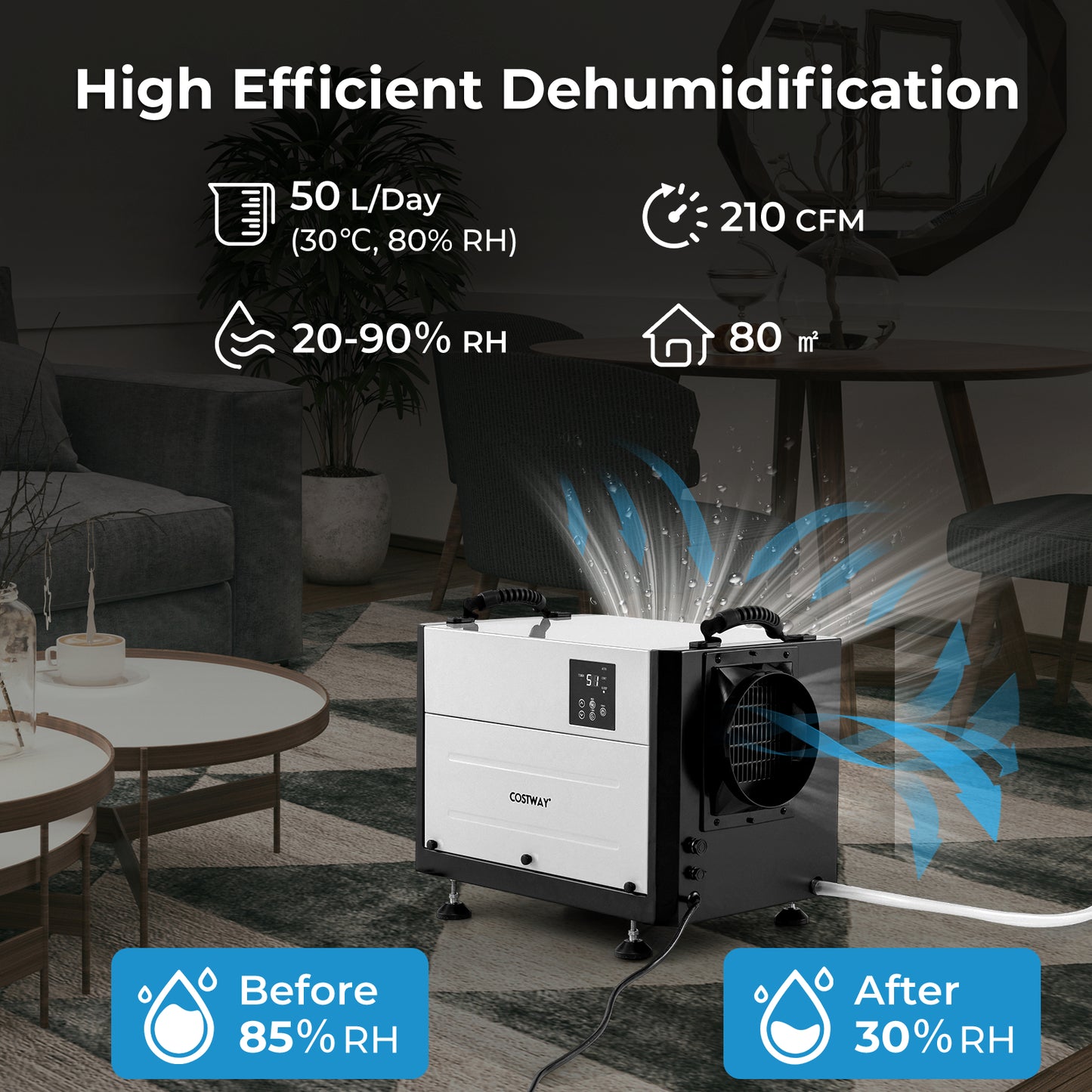 50/70L/Day Crawl Space Dehumidifier with 3 Modes and 24H Timer-Blue-50L
