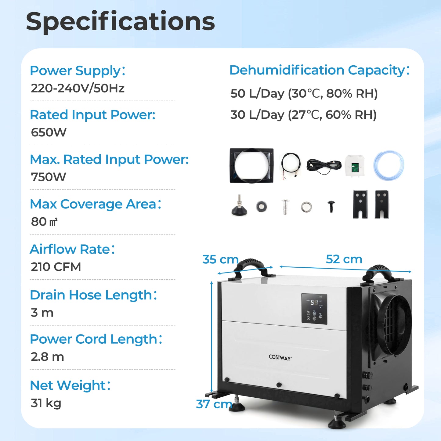 50/70L/Day Crawl Space Dehumidifier with 3 Modes and 24H Timer-Blue-50L