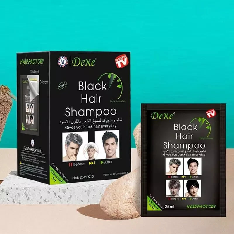 Dexe Black Hair Shampoo Instant Grey Hair Coverage & Colouring for Men & Women 10x 25ml Portable Sachets