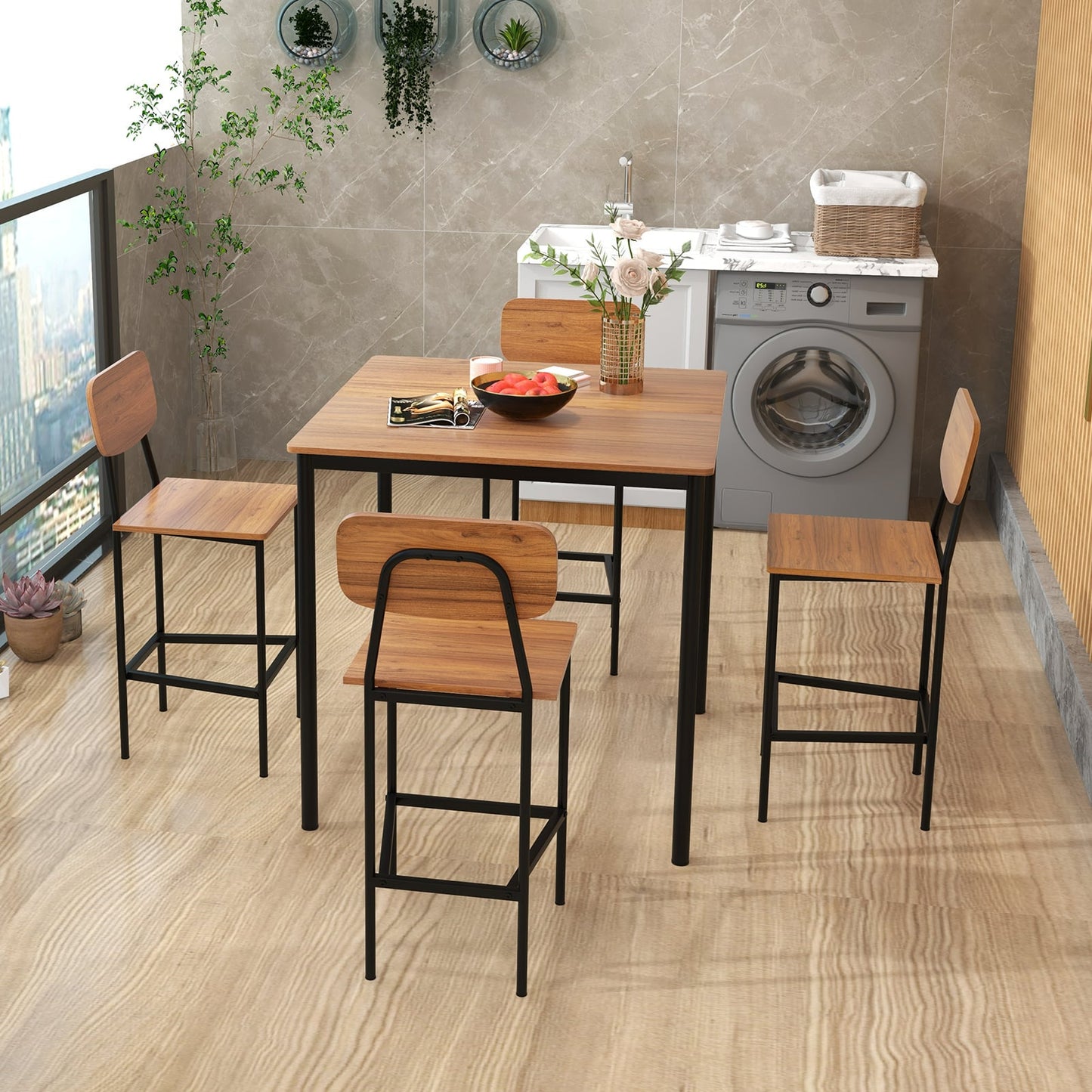 5-Piece Dining Bar Table Set for 4 Counter-Height Dining Table and 4 Bar Chairs-Brown