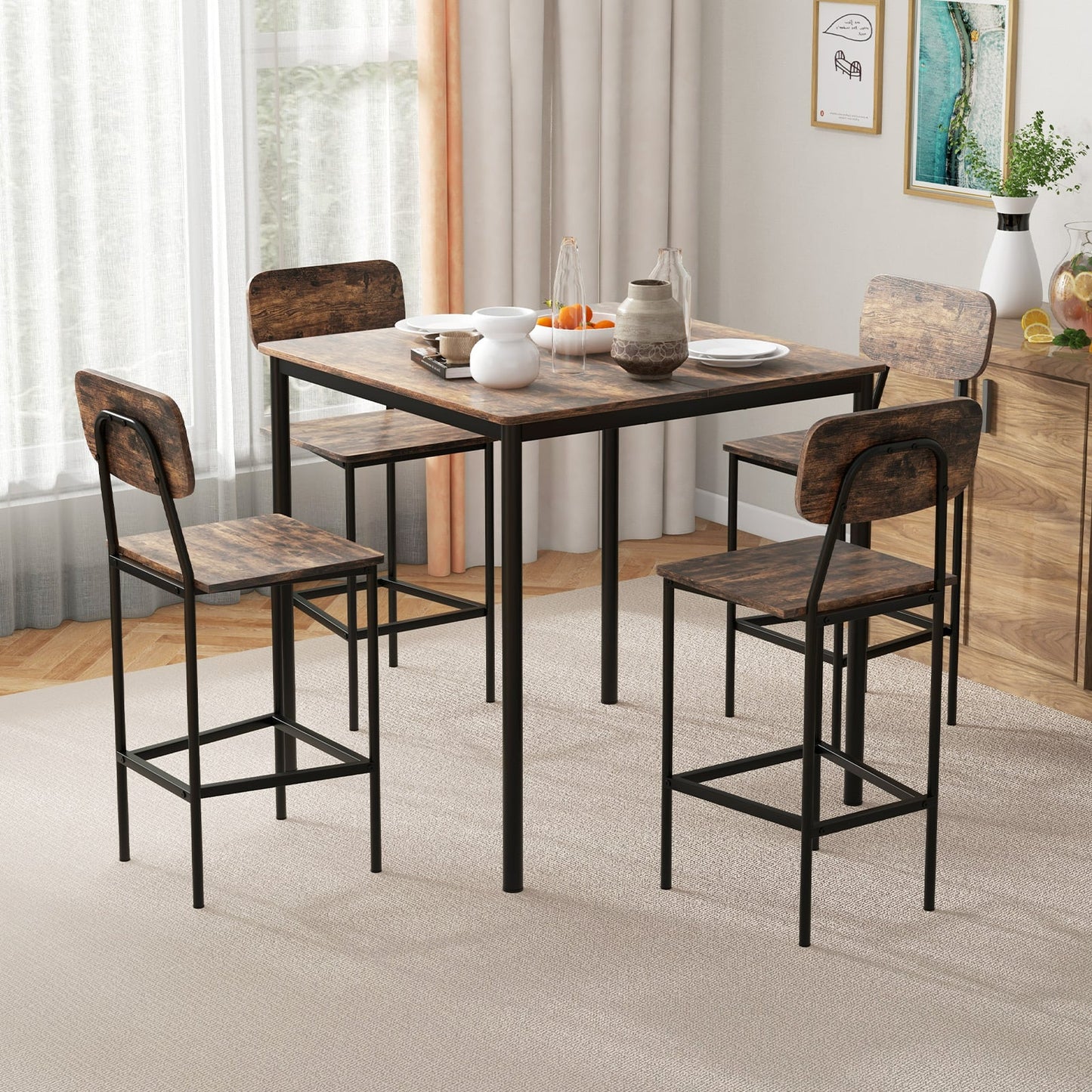 5-Piece Dining Bar Table Set for 4 Counter-Height Dining Table and 4 Bar Chairs-Brown