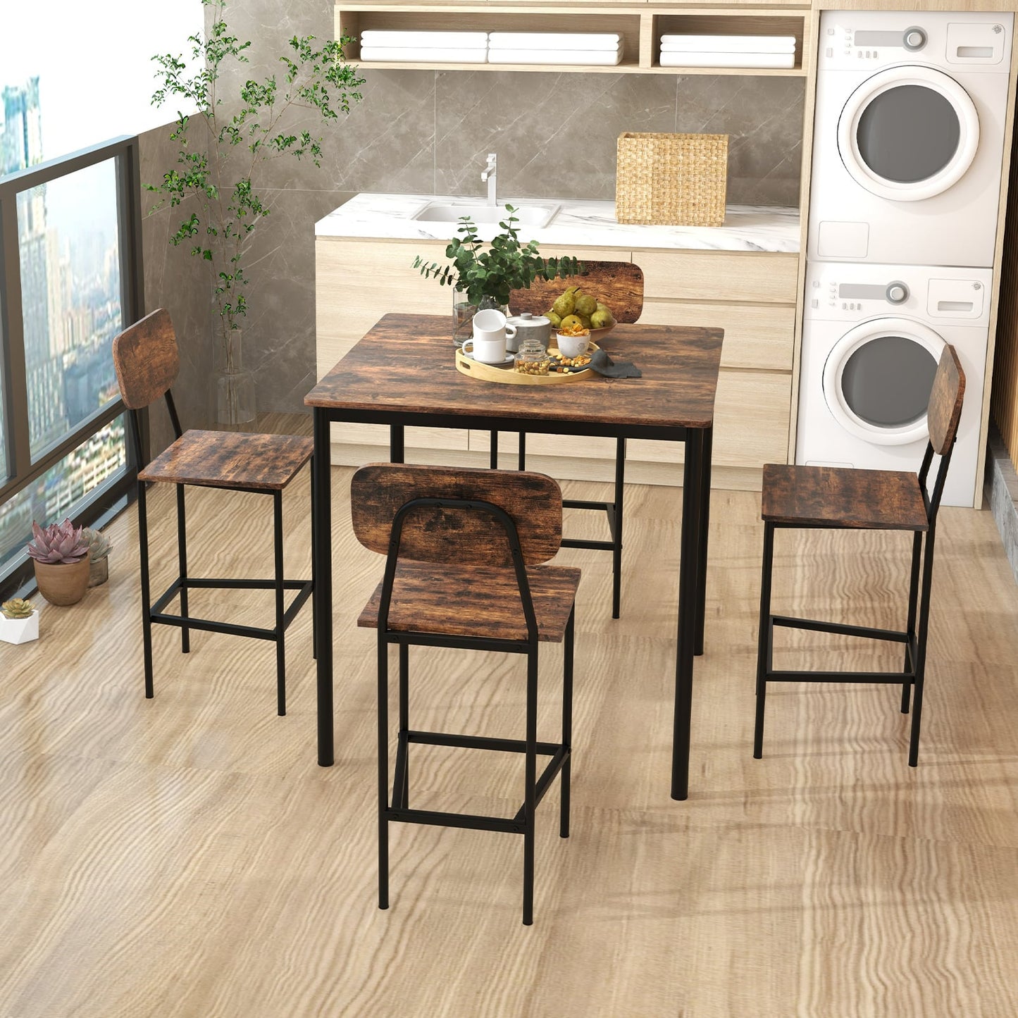 5-Piece Dining Bar Table Set for 4 Counter-Height Dining Table and 4 Bar Chairs-Brown