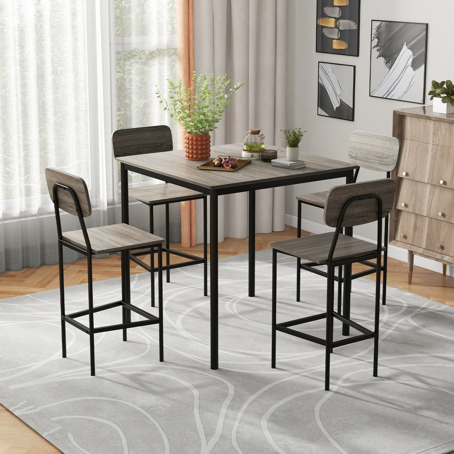 5-Piece Dining Bar Table Set for 4 Counter-Height Dining Table and 4 Bar Chairs-Brown