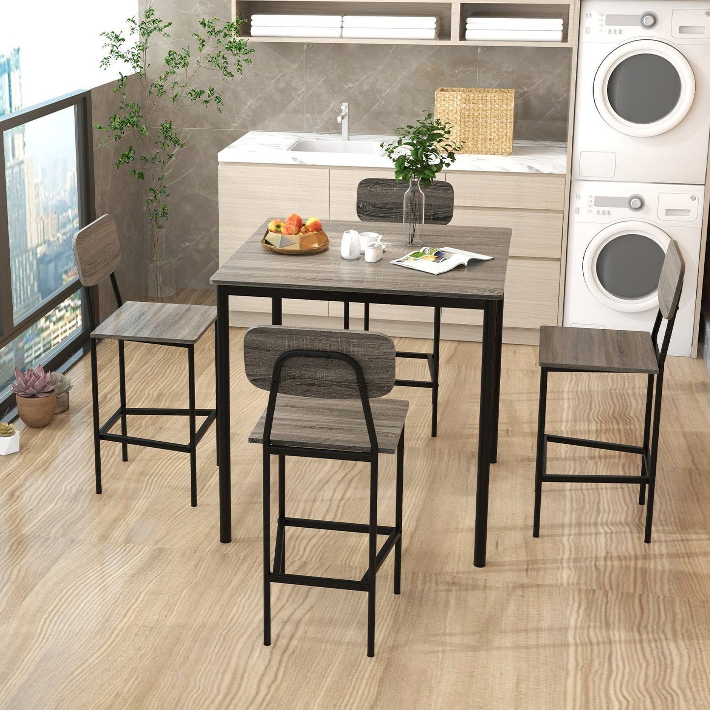 5-Piece Dining Bar Table Set for 4 Counter-Height Dining Table and 4 Bar Chairs-Brown
