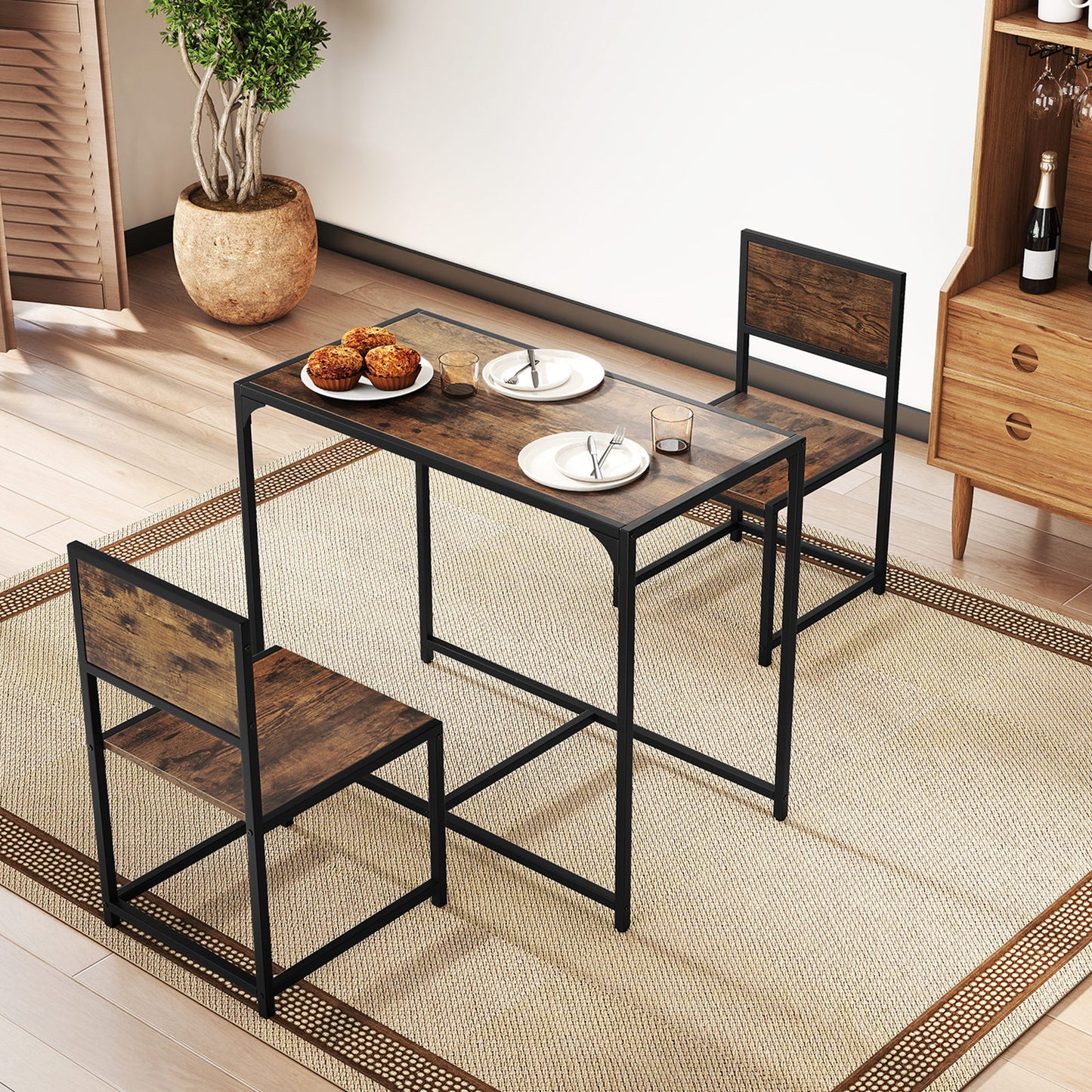 3 Piece Dining Table Set with Metal Frame and Low Back-Grey