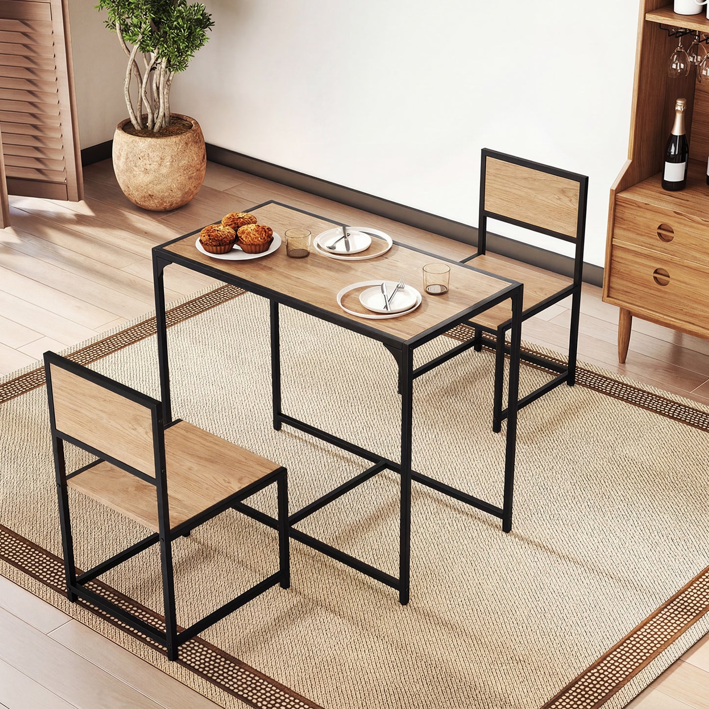 3 Piece Dining Table Set with Metal Frame and Low Back-Grey