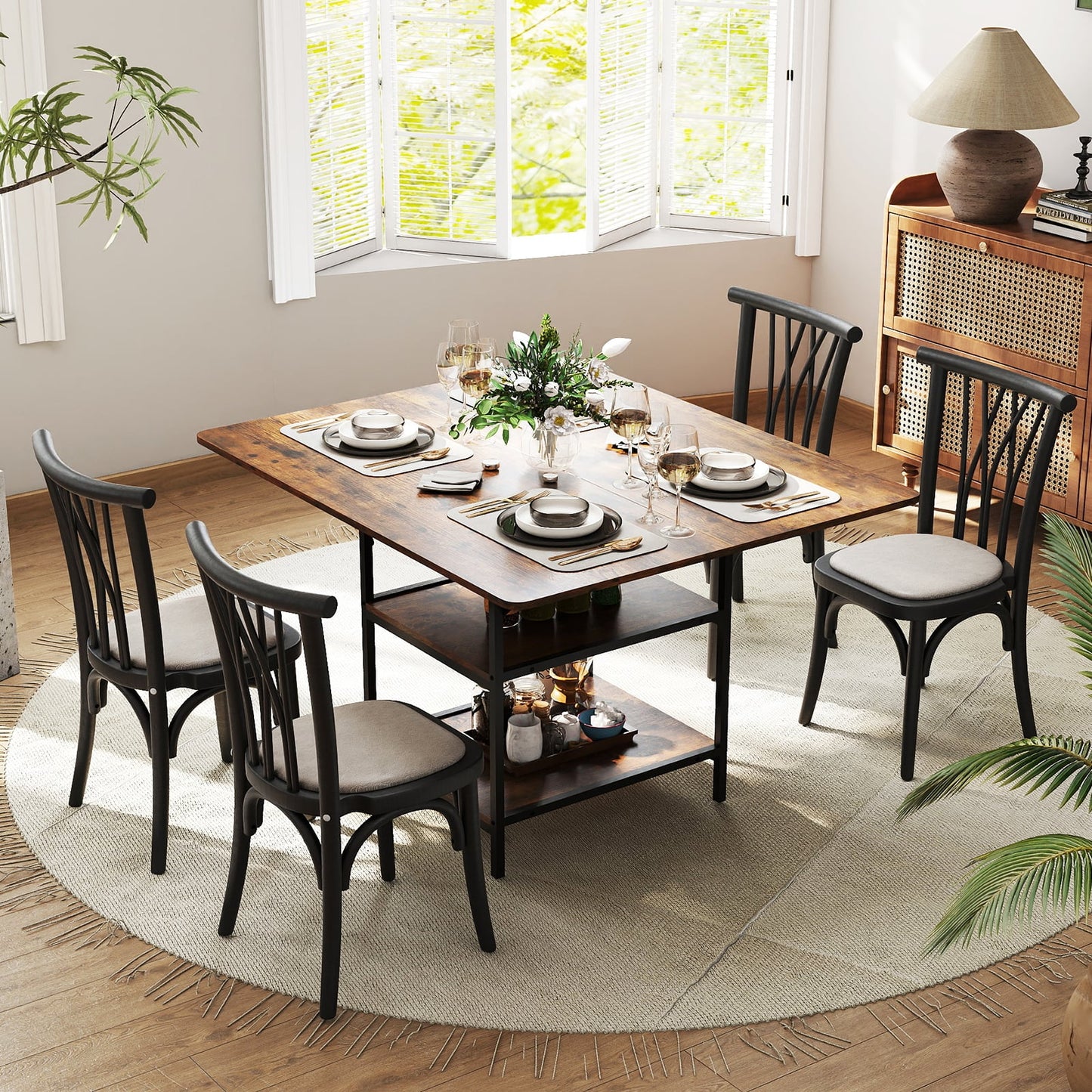 Dining Table for 4-6 Rectangular Dining Table with 2 Open Storage Shelves-Black