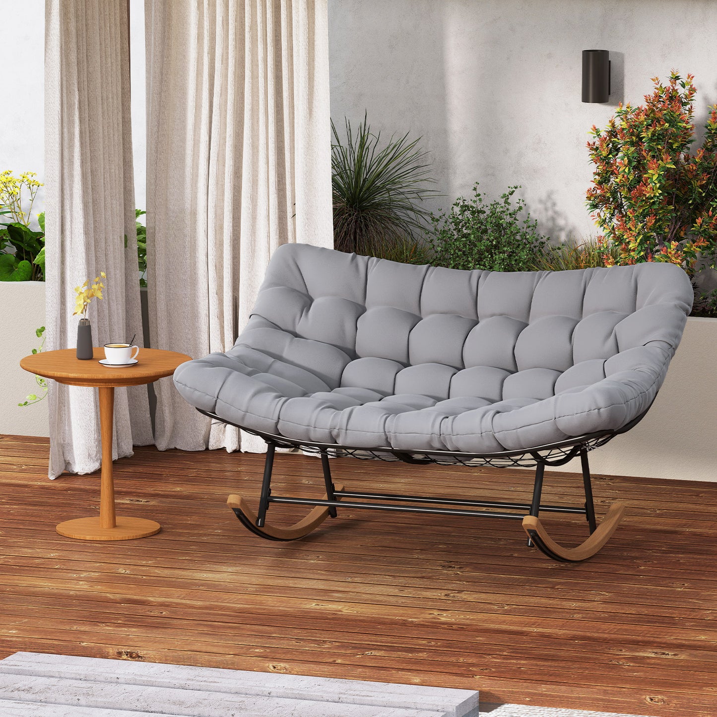 Double Papasan Rocking Chair for 2 Oversized 320 kg Outdoor Metal Loveseat with Thick Cushion-Grey
