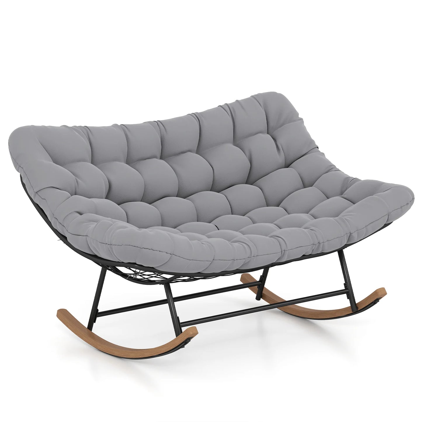 Double Papasan Rocking Chair for 2 Oversized 320 kg Outdoor Metal Loveseat with Thick Cushion-Grey