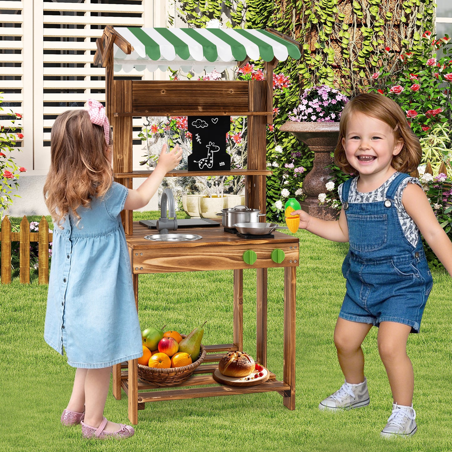 Double-Sided Mud Kitchen Wooden Barbecue Grill Playset with Canopy-Brown