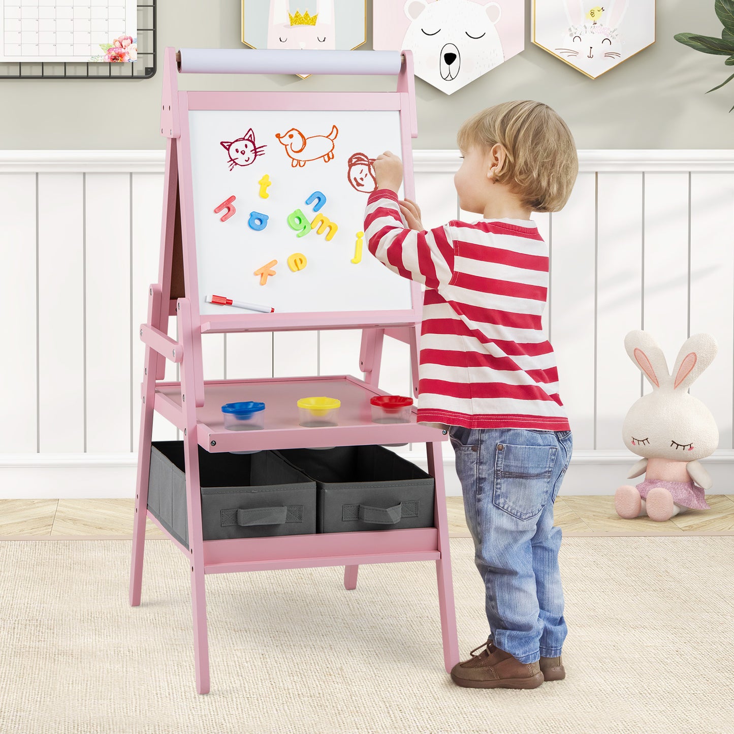 Double-sided Kids Easel with Magnetic Whiteboard and Chalkboard-Dark Green