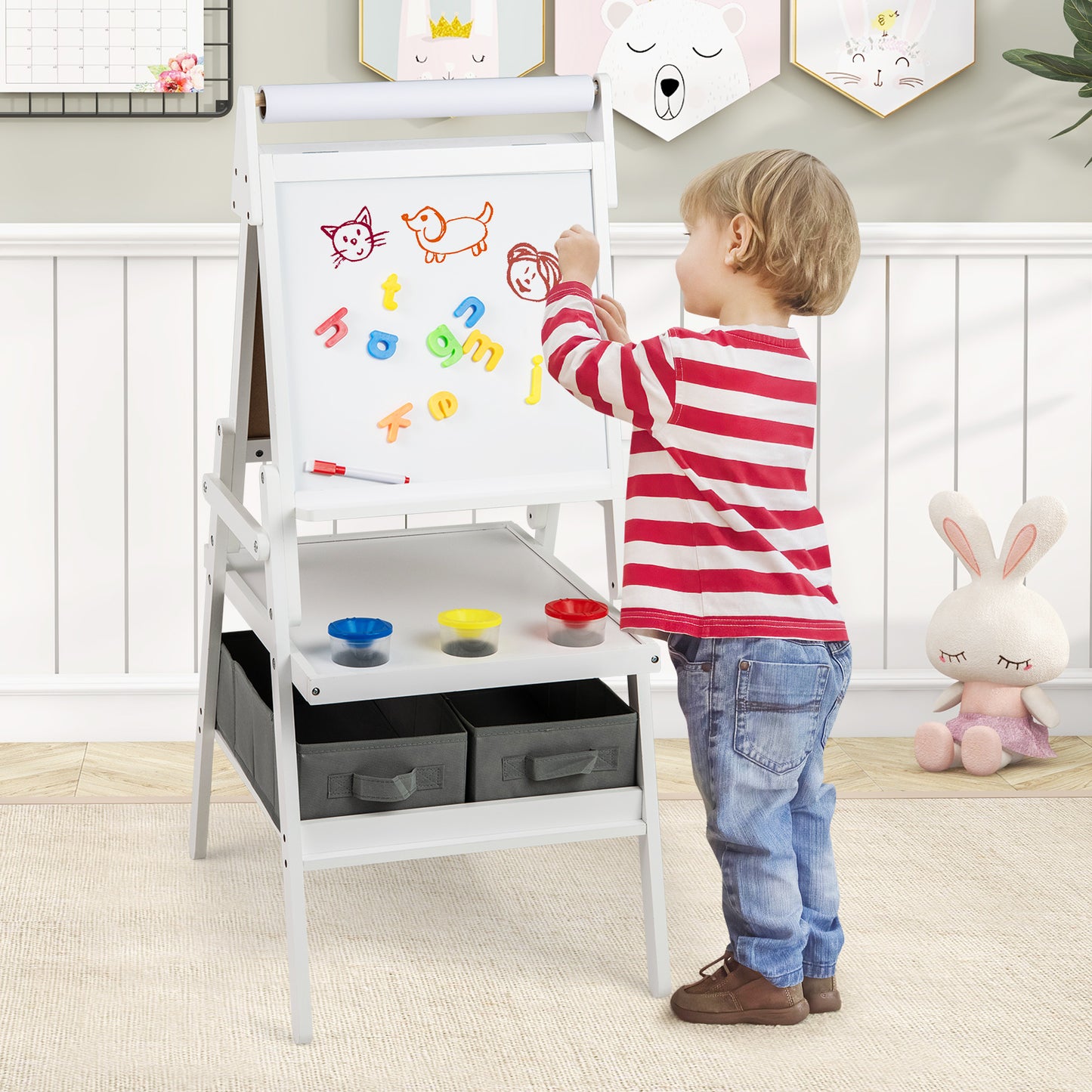 Double-sided Kids Easel with Magnetic Whiteboard and Chalkboard-Dark Green