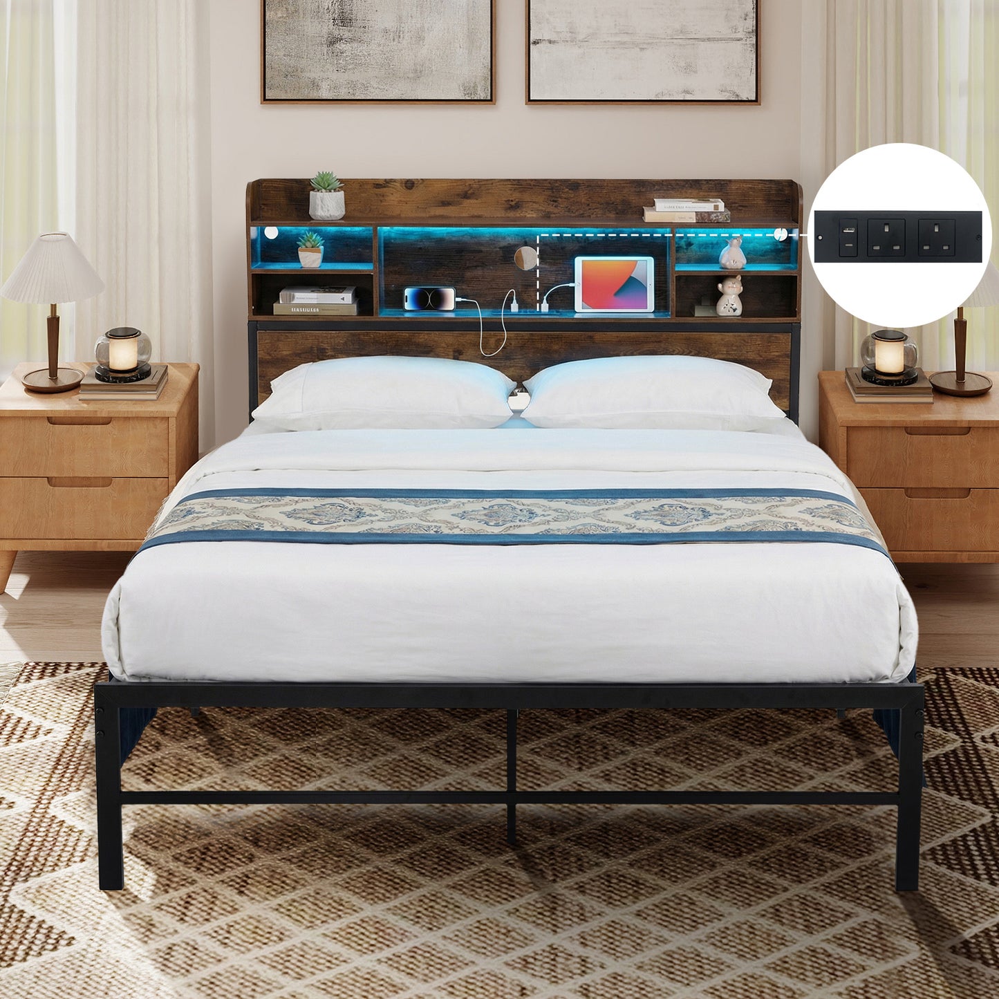 Double/King Size Bed Frame with LED Lights and Charging Station-Rustic Brown-King Size