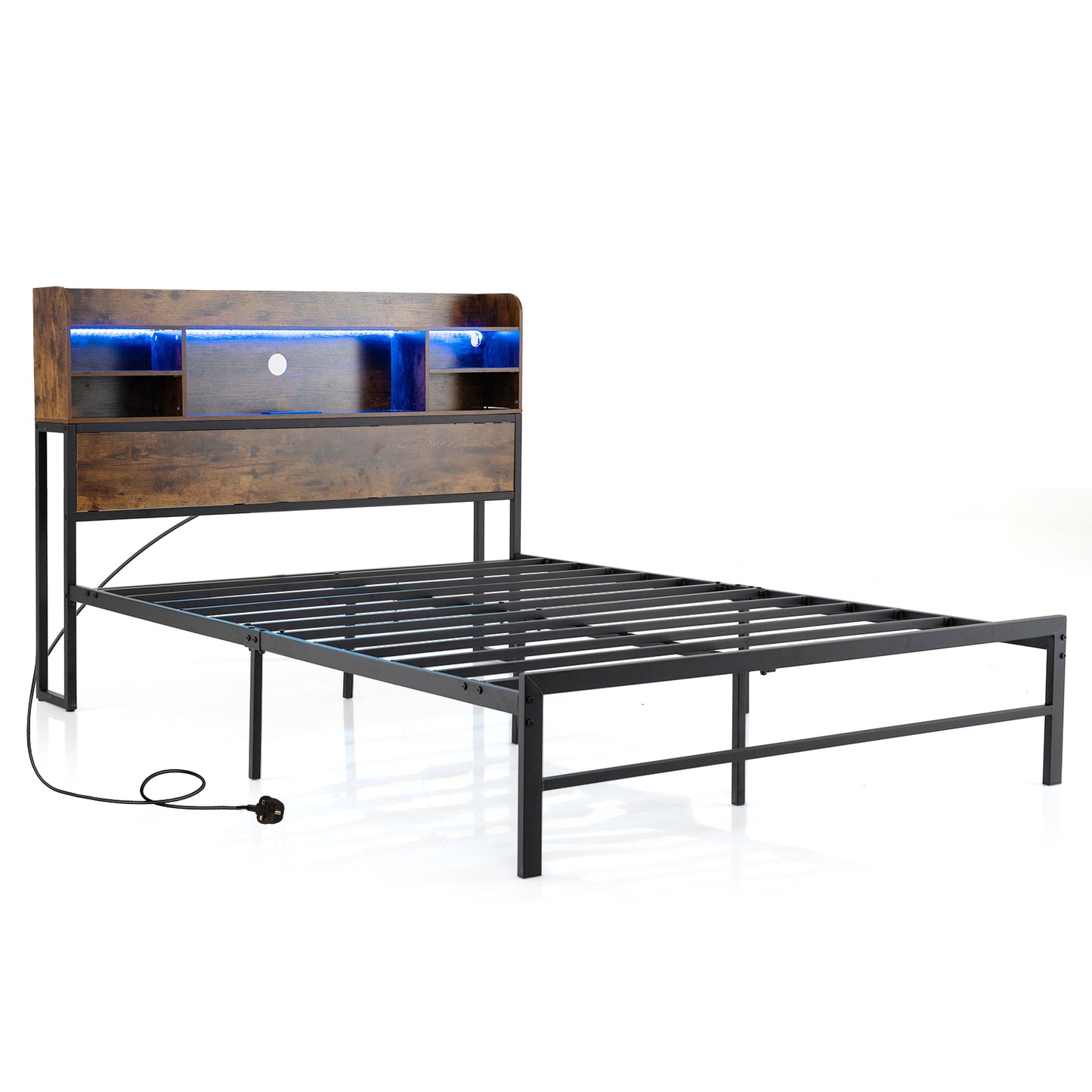 Double/King Size Bed Frame with LED Lights and Charging Station-Rustic Brown-King Size