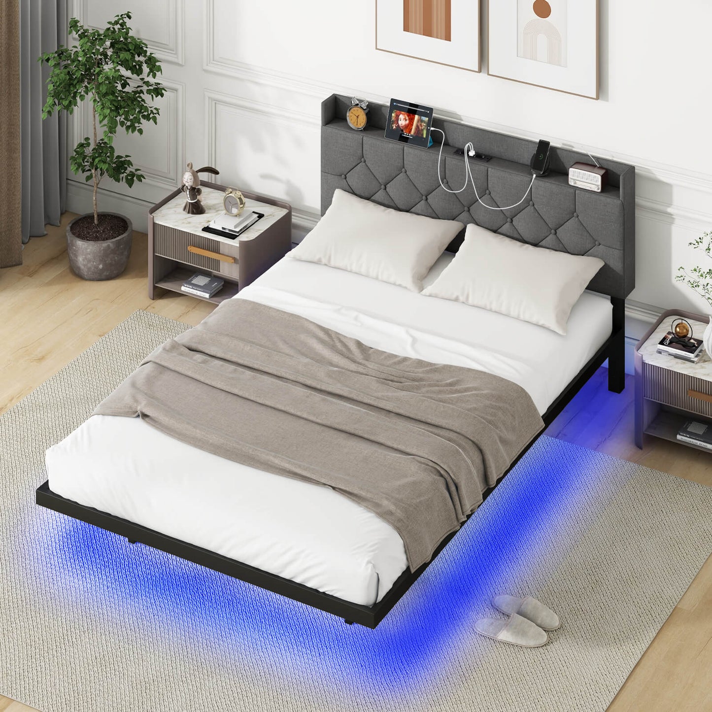 Double/King Size Floating Bed Frame with Adjustable Headboard and Charging Station-Grey-King Size