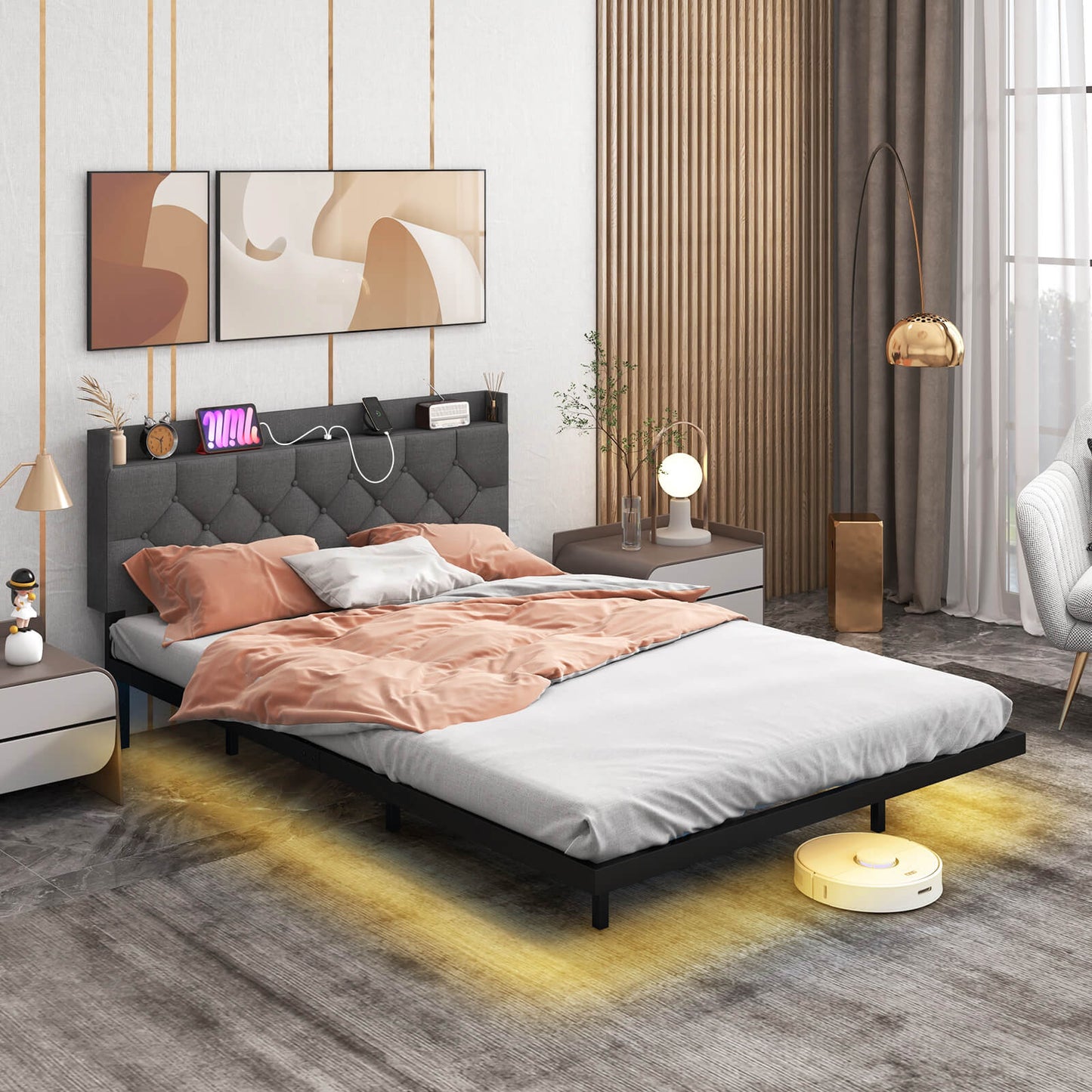 Double/King Size Floating Bed Frame with Adjustable Headboard and Charging Station-Grey-King Size