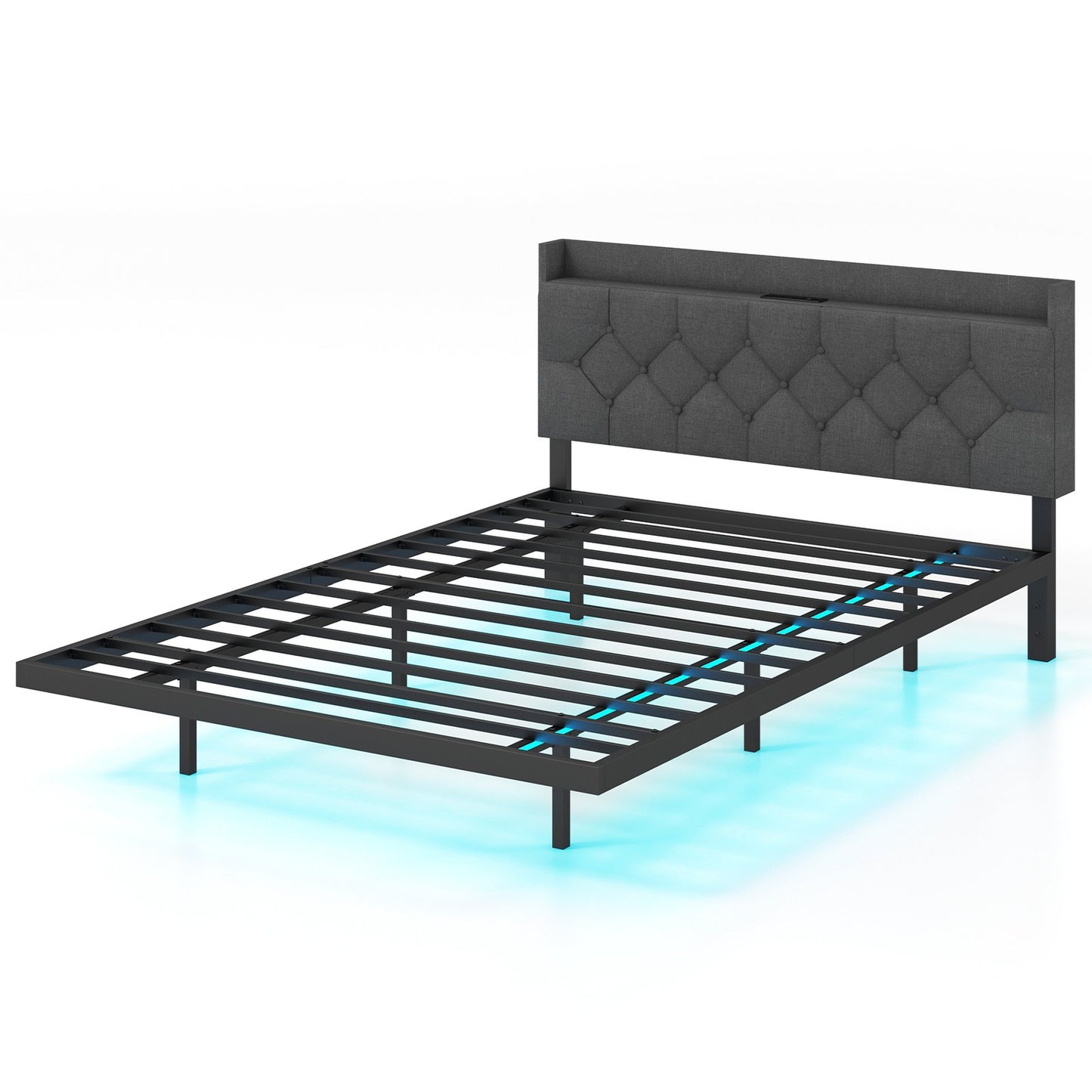 Double/King Size Floating Bed Frame with Adjustable Headboard and Charging Station-Grey-King Size
