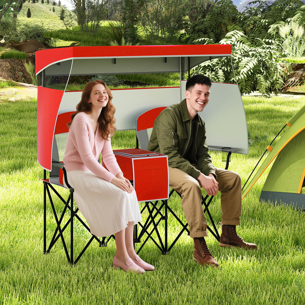 Double Beach Chair with Adjustable Canopy and Roll-up Shade-Navy