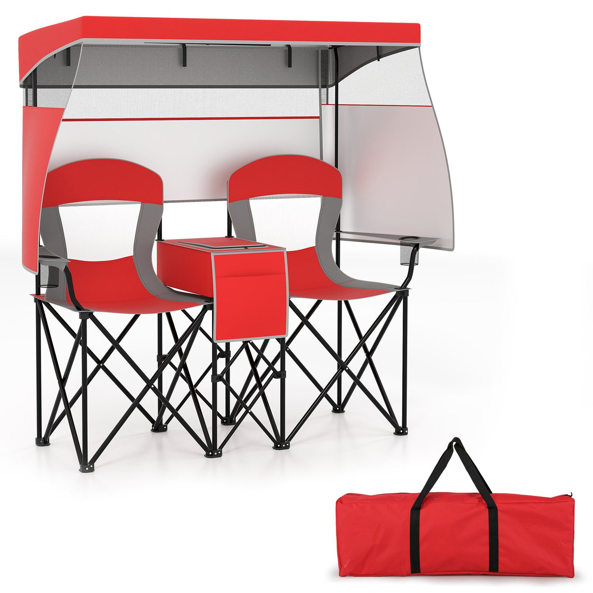 Double Beach Chair with Adjustable Canopy and Roll-up Shade-Navy