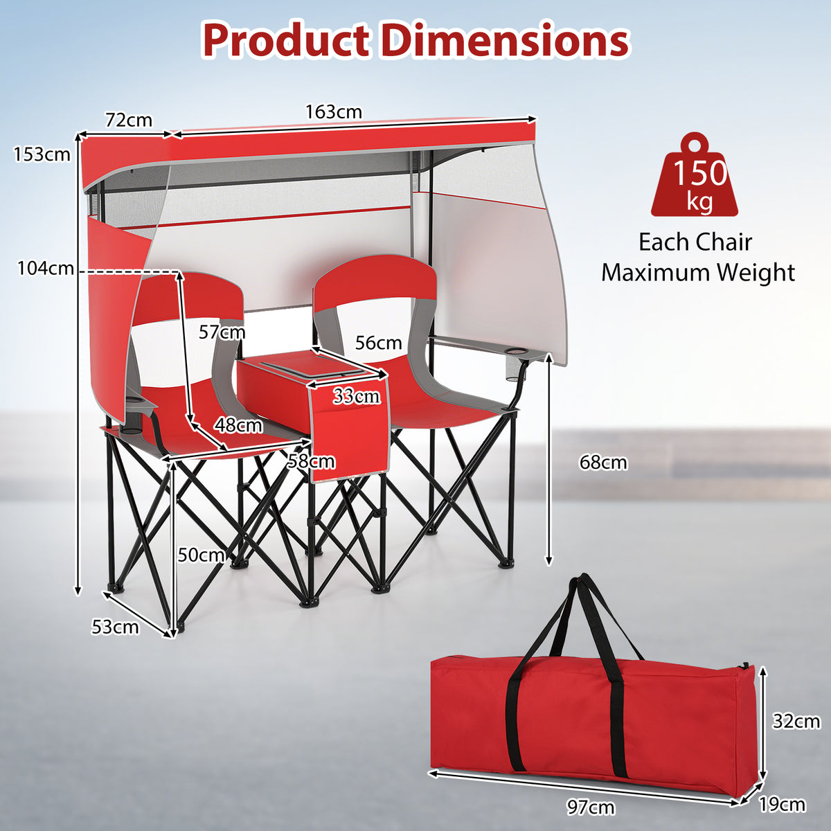 Double Beach Chair with Adjustable Canopy and Roll-up Shade-Navy