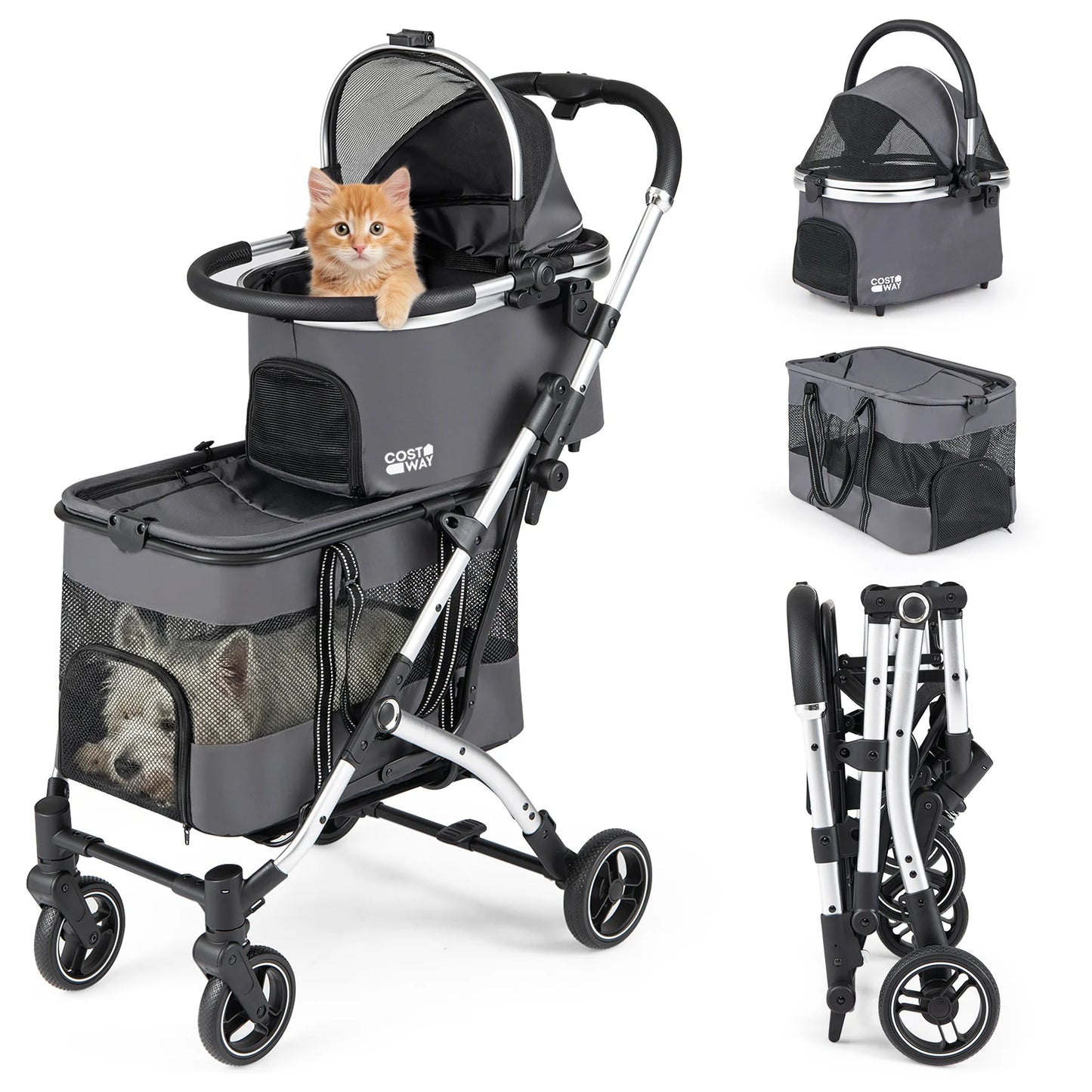 Double Pet Stroller with 2 Detachable Carriers 4-in-1 Foldable Dog Jogger Car Seat-Black