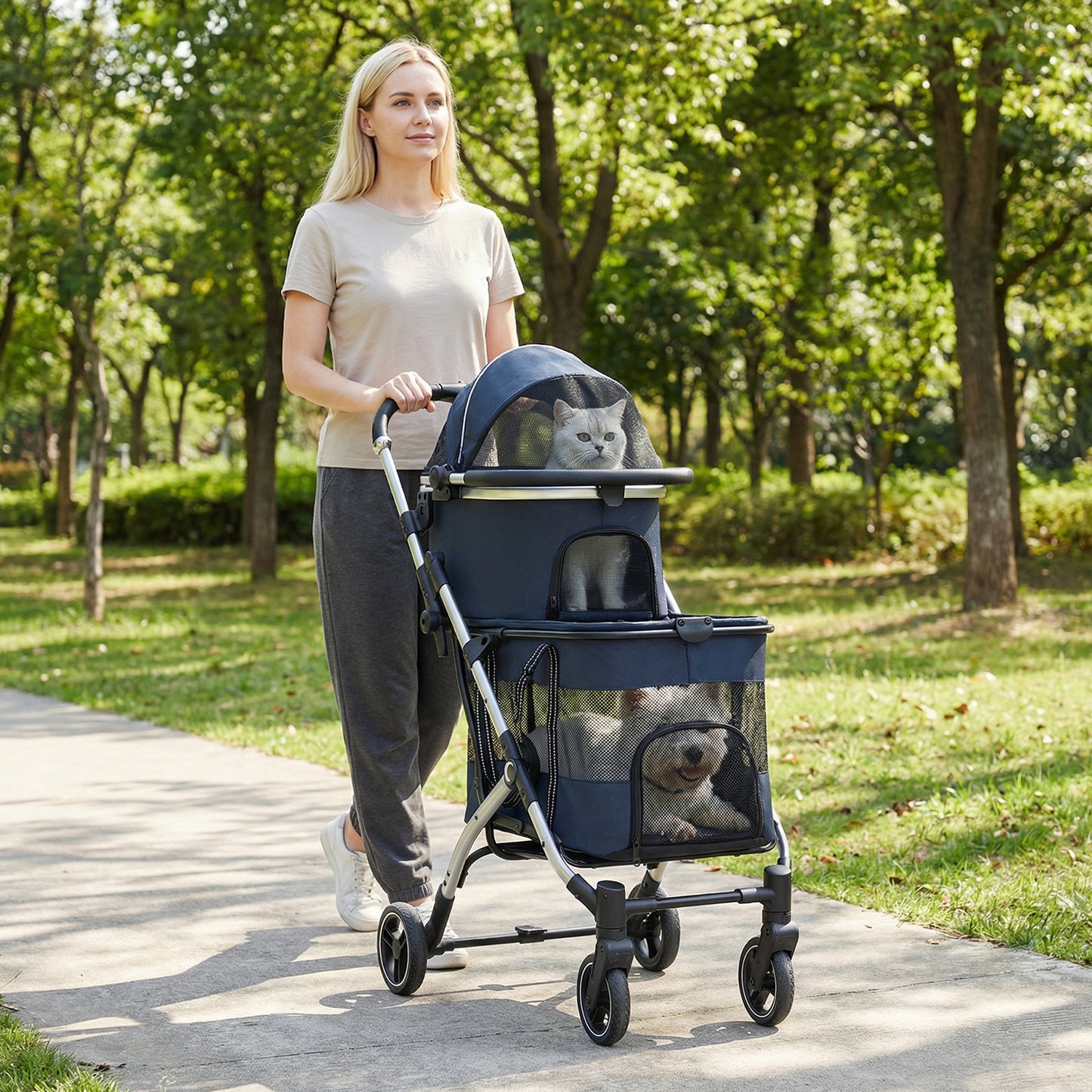 Double Pet Stroller with 2 Detachable Carriers 4-in-1 Foldable Dog Jogger Car Seat-Black