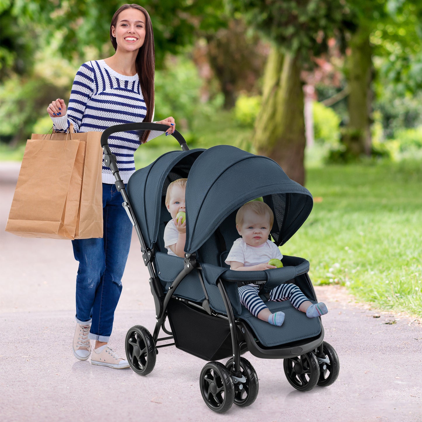 Double Pushchair with Adjustable Backrest and Sunshade-Blue